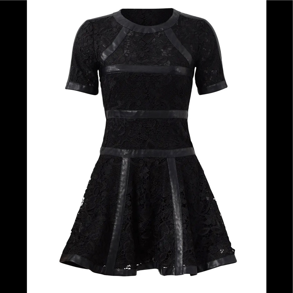 THE KOOPLES DRESS BLACK LACE LEATHER TRIM SHORT DESIGNER